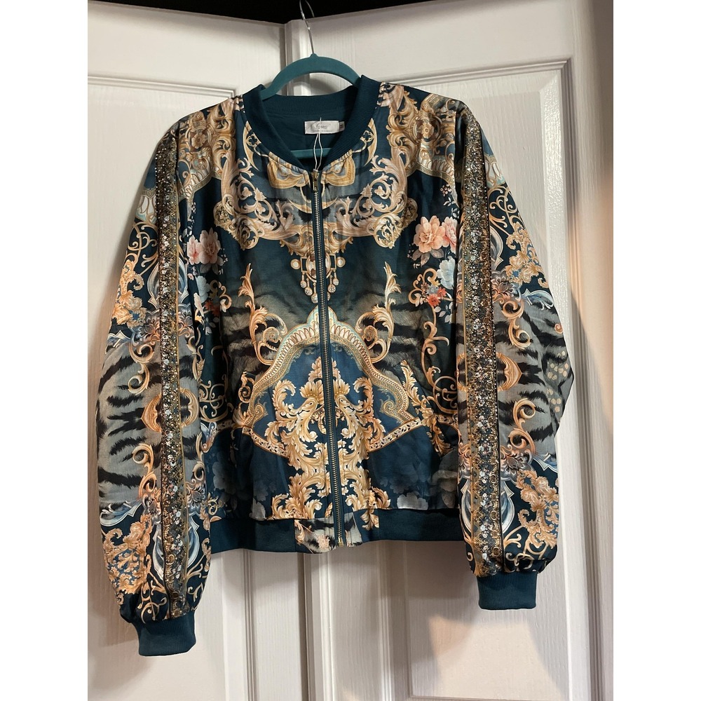 Genez Bomber Jacket Womens 14 Teal Baroque Floral Rhinestone Embellished Zip